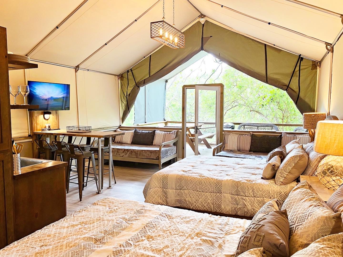 Spacious glamping cabin interior