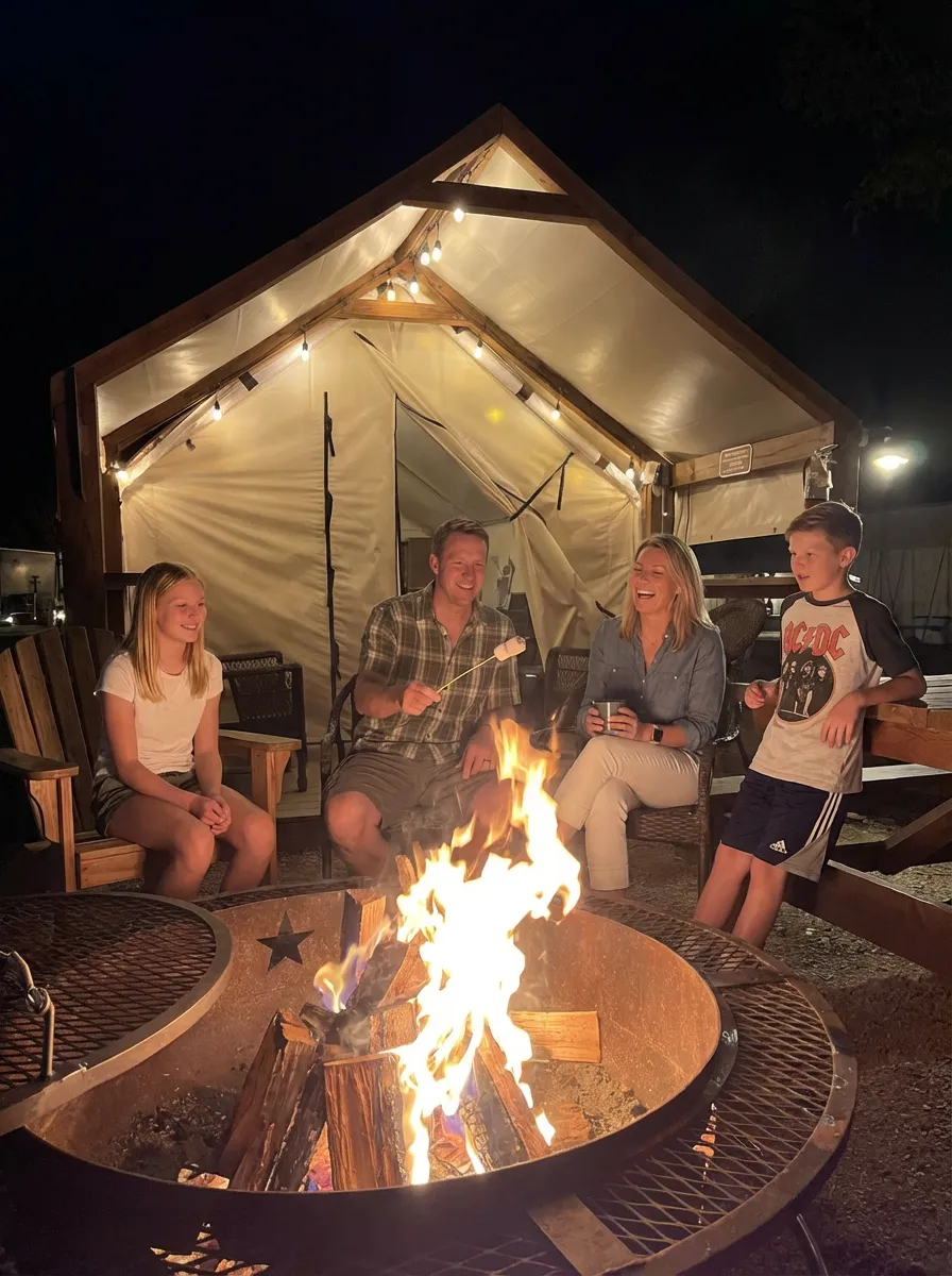 Family campfire on a spring break getaway near San Antonio