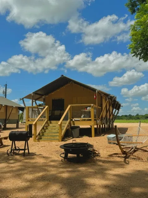 AC safari cabin glamping near San Antonio at Son's Rio Cibolo