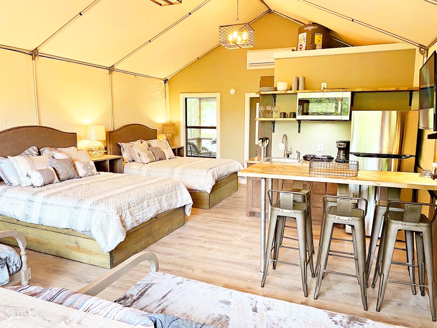 Glamping cabin interior with kitchen