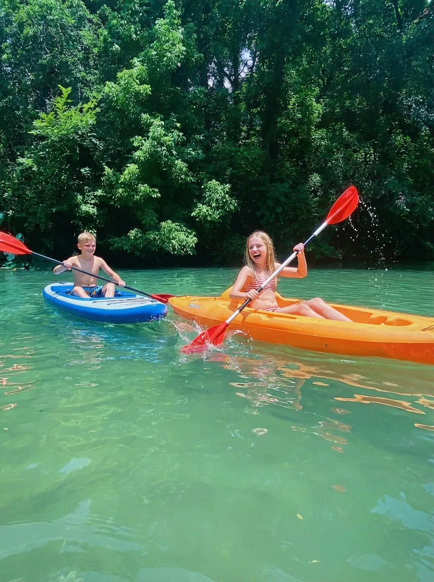 Kids kayaking on Cibolo Creek Marion TX