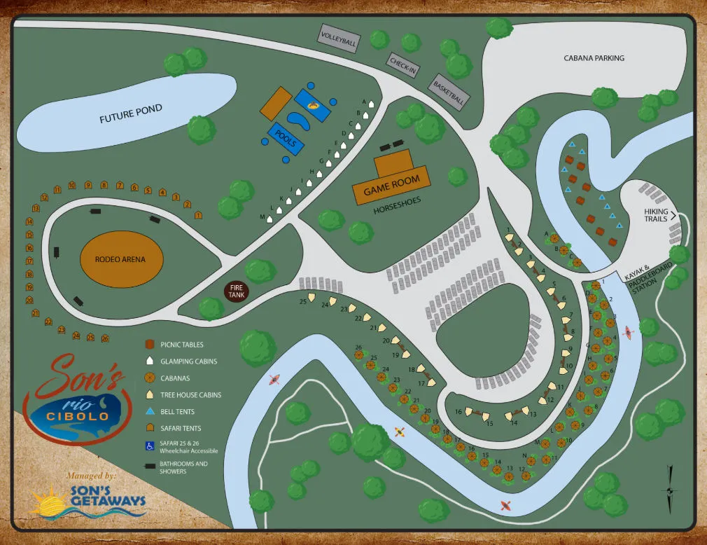 Son's Rio Cibolo Property Map showing cabins, cabanas, creek access, and amenities