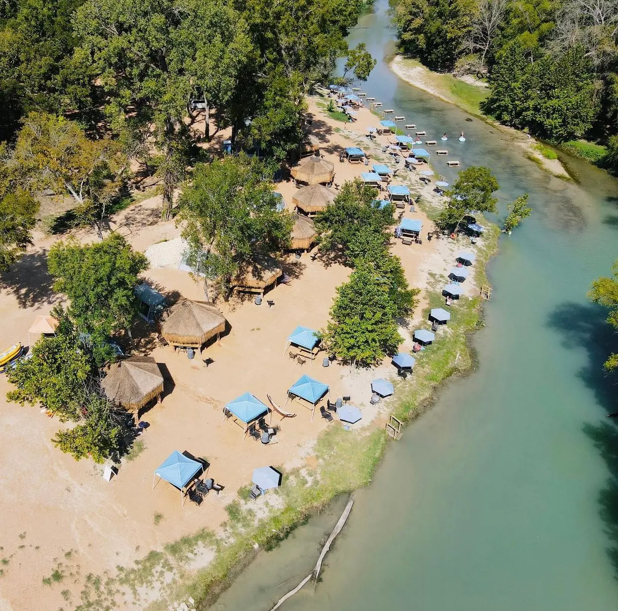 Son's River Ranch aerial view — glamping on the San Marcos River near New Braunfels