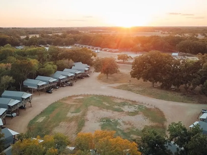 Waterfront Cabins aerial sunset view