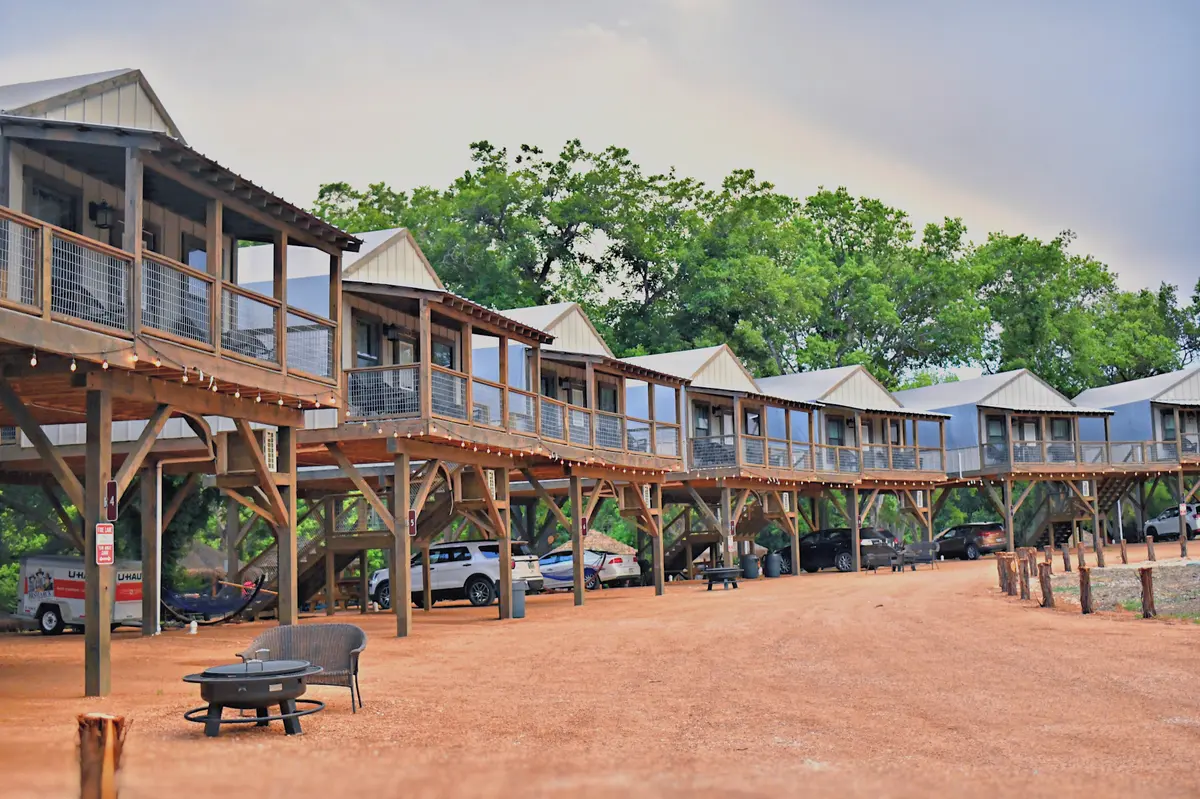 Waterfront Cabins row with string lights
