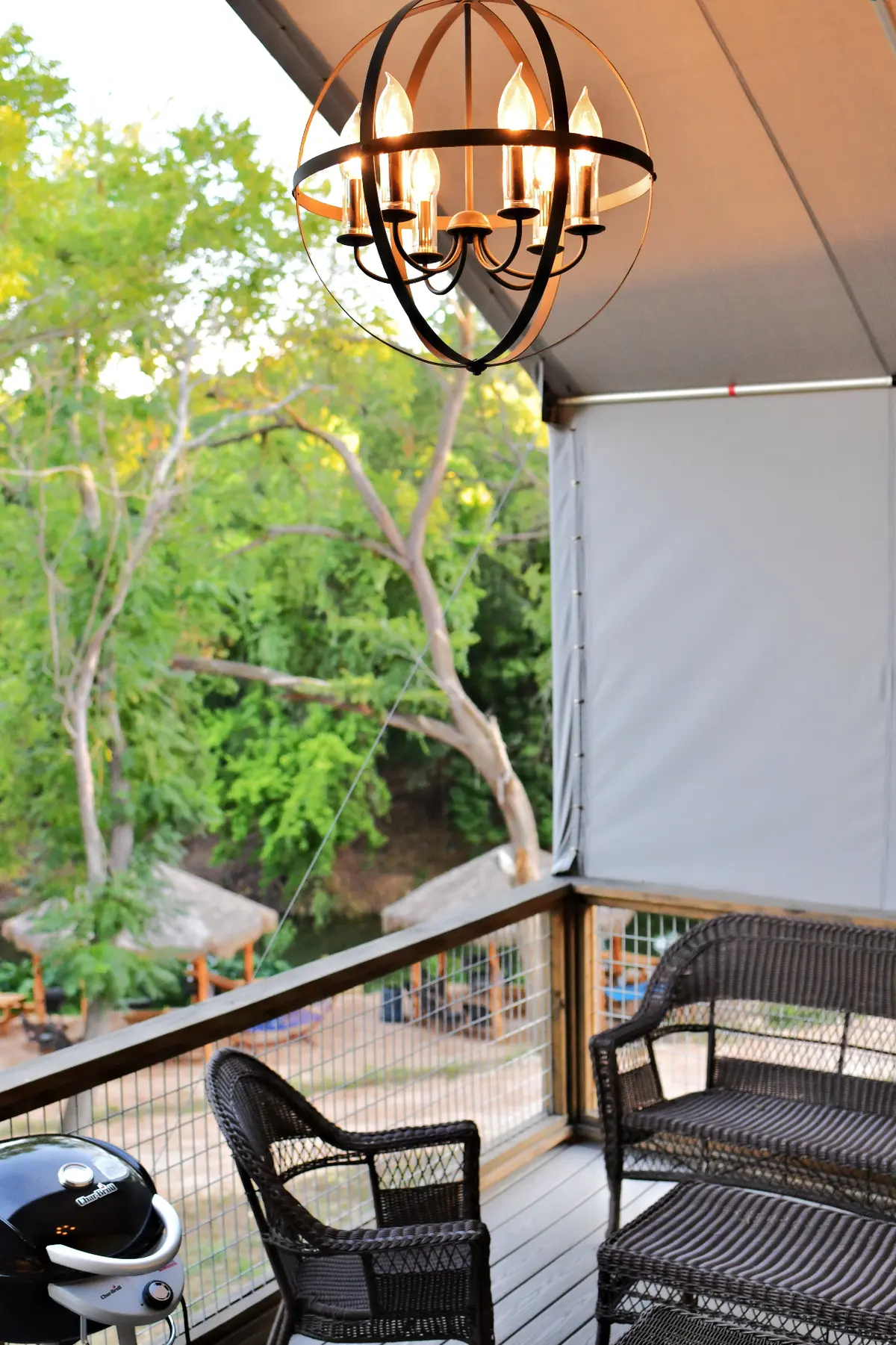 Waterfront Cabin deck chandelier and grill