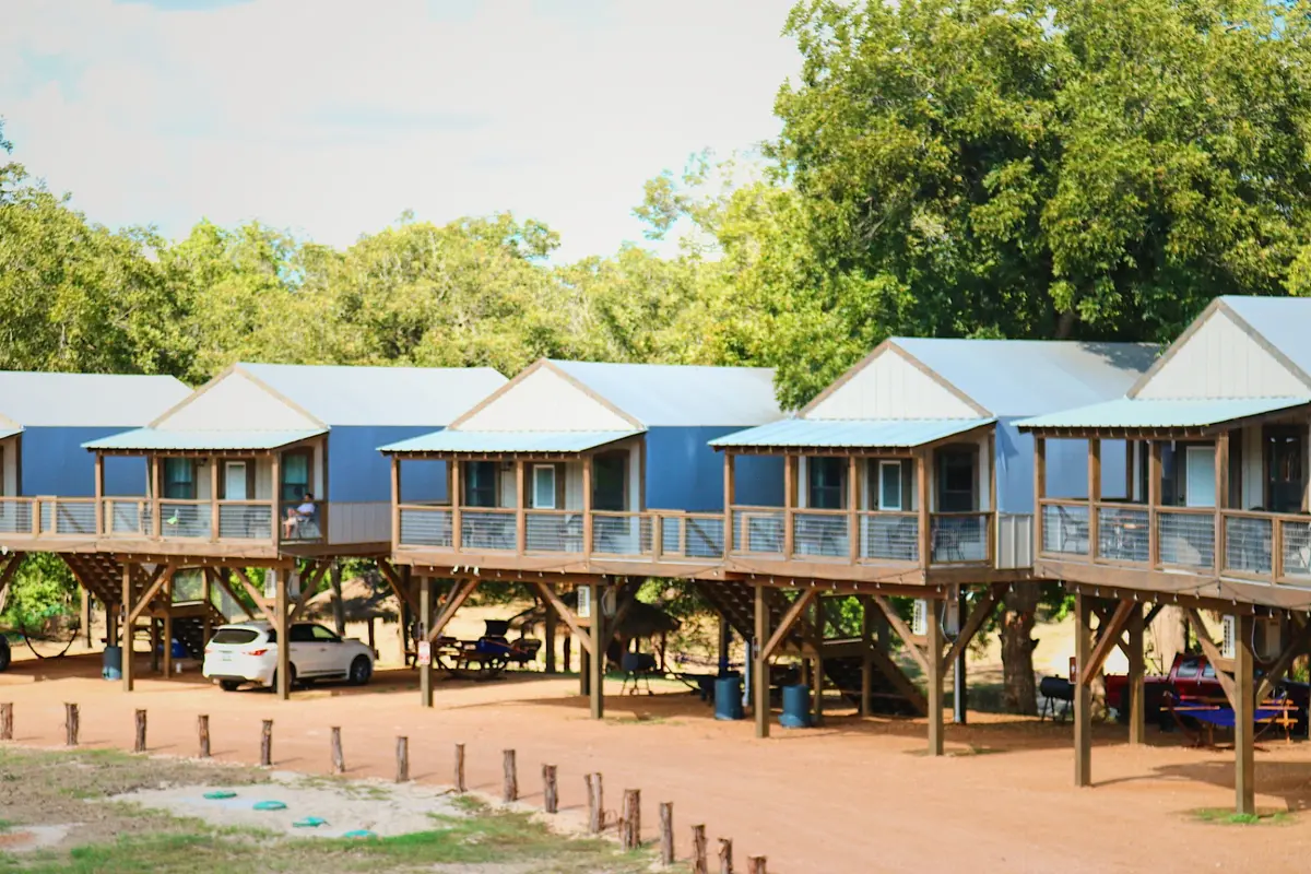 Waterfront Cabins blue exterior row